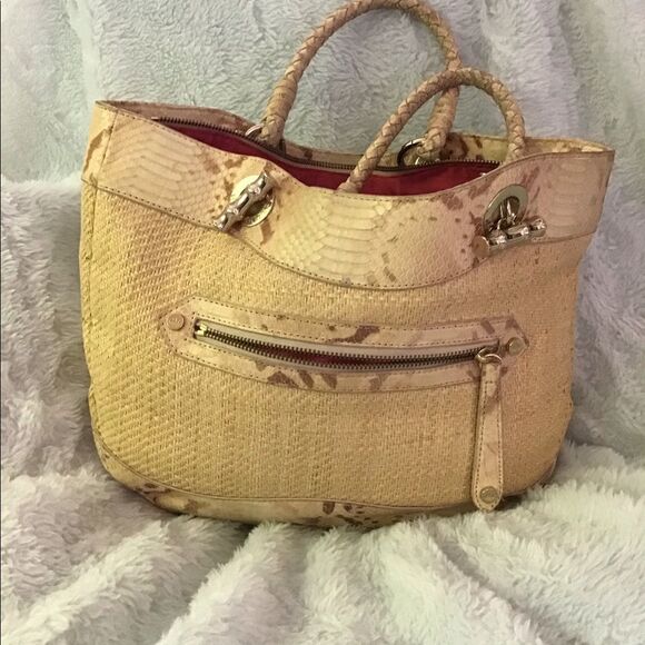 Elaine Turner Snakeskin & Woven Straw Tote Bag - Cream/Tan with Pink Interior - Picture 3 of 11